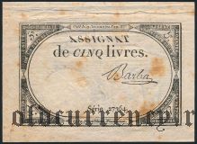 Франция, 5 ливров 1793 года. Подпись: BARBA