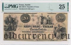 Республика Техас, 20 долларов 1841 года. В слабе PMG