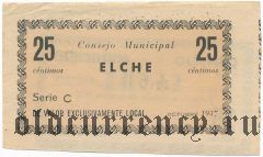Испания, Эльче (Elche), 25 сантимов 1937 года. Брак печати