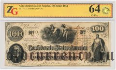 Конфедеративные Штаты Америки, 100 долларов 1862 года. В слабе ZG